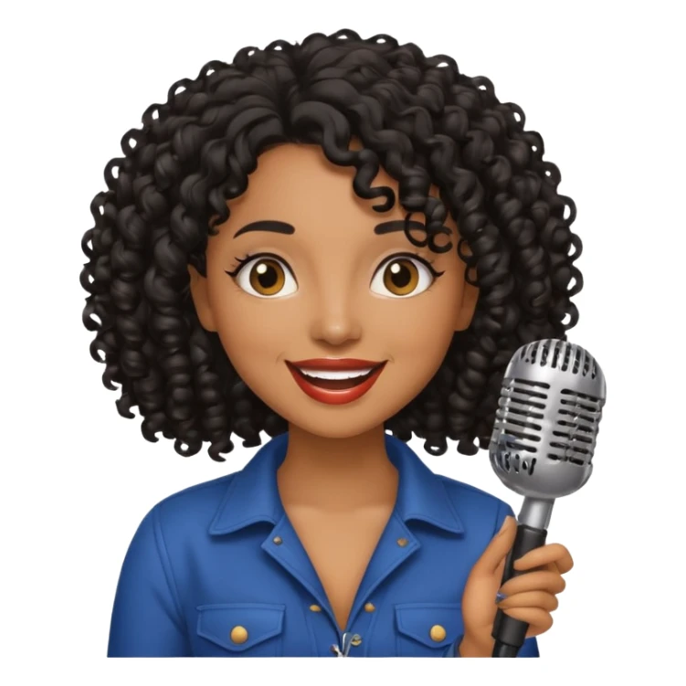 brown skin woman, curly black hair, singer, hold micro sticker