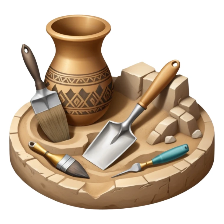 An icon showing an archaeologist’s tools: a trowel, brush, and a partially uncovered ancient artifact like a vase or tablet. The design includes a sandy excavation site with ruins in the background, symbolizing the discovery of past civilizations. Transparent background  sticker