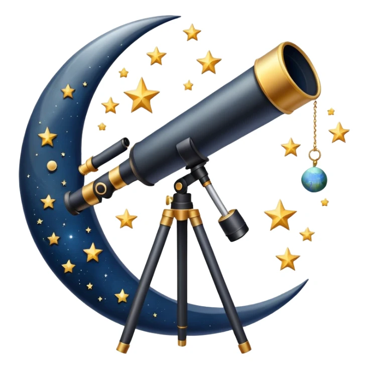 An icon featuring a telescope, stars, and a planet, symbolizing astronomy. The design includes a crescent moon, distant galaxies, and constellations, representing the study of space and celestial bodies. Transparent background highlights the exploration of the universe and cosmic phenomena. sticker
