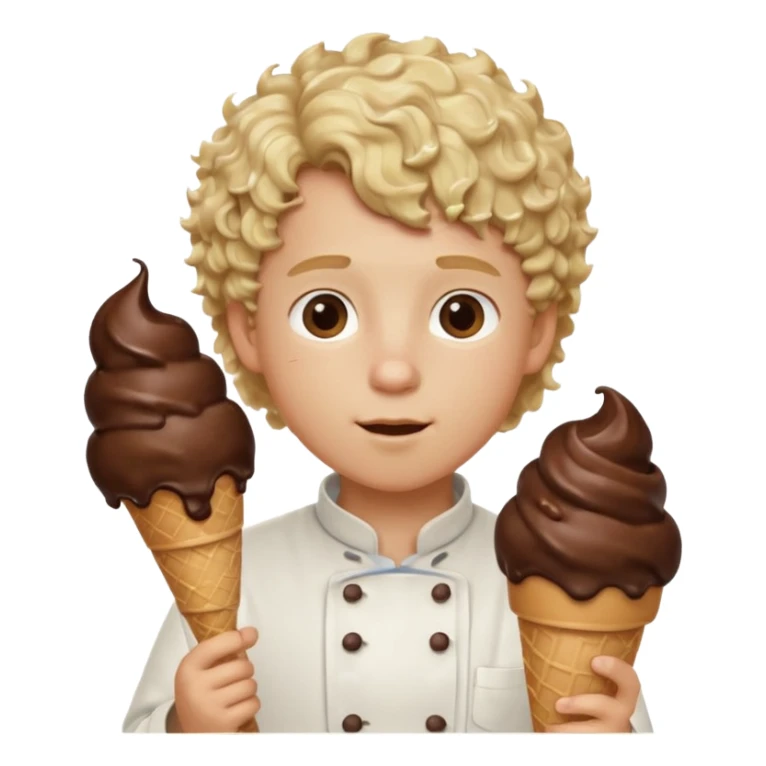 boy blonde curly hair, chef, eating big chocolate ice cream sticker