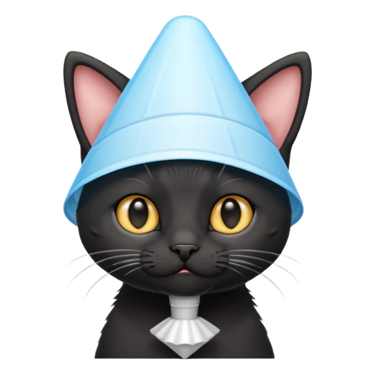 A mostly black kitten with a white chest and a plastic cone on around his head after surgery sticker