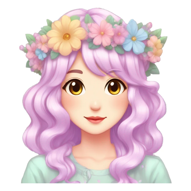 Gorgeous Shiny Colorful Pastel Anime Mature Lady with blushing face and pretty hair with a flower crown pastelcore kawaii cottagecore fairycore aesthetic trending style sticker