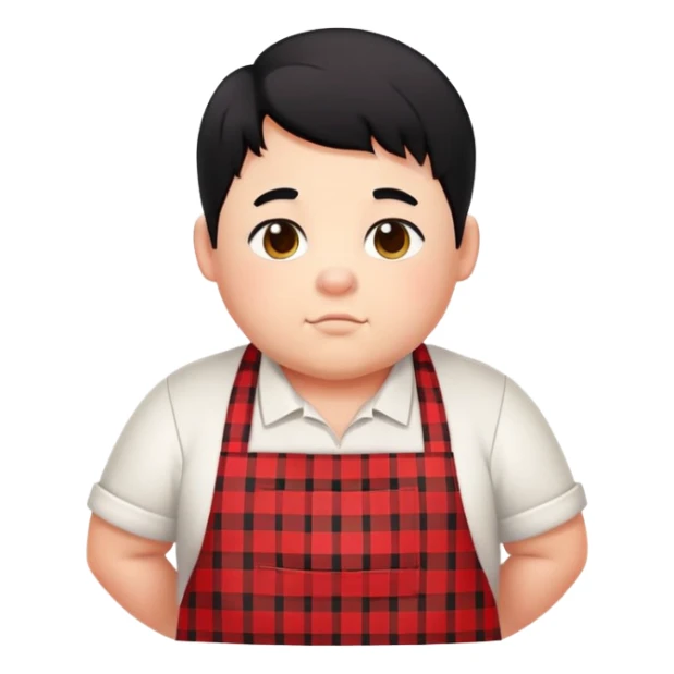 chubby boy with black hair styled upward in front, wearing a red and white checkered plaid apron sticker