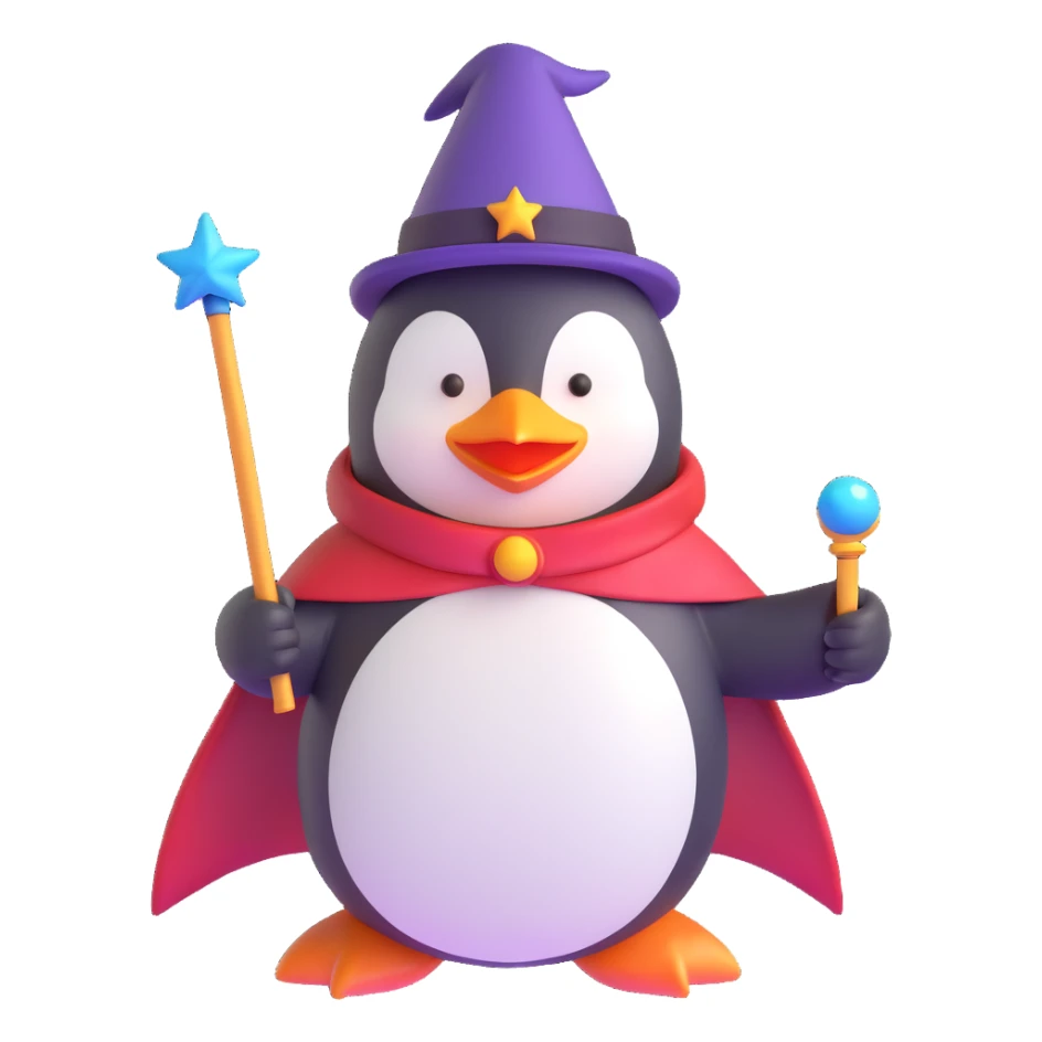A penguin dressed as a wizard, holding a magic wand, with a pointy hat and a cape sticker