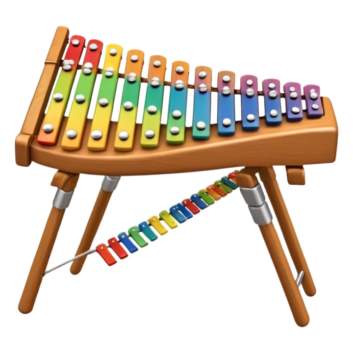Create a vibrant and detailed emoji representing a professional wood xylophone. The design should feature the sleek wooden keys of the xylophone, arranged neatly on the frame, with metal bars clearly visible. Add the mallets placed beside the instrument or in motion, highlighting their soft rubber heads. Use warm, natural wood tones for the keys, with subtle metallic accents to reflect the professional quality of the instrument. Add small musical notes or soundwaves around the xylophone to evoke its bright, percussive sound. The background should be transparent. sticker