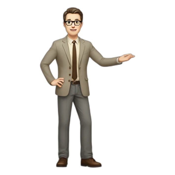 Full height Actively Gesturing Pale skinned fit man with dark brown hair in gray jacket, beige office shirt, brown tie, brown pants and vintage glasses. sticker