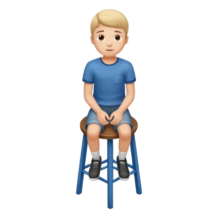Generate a photorealistic image of a boy sitting on a stool. The scene is captured from a top-down perspective (bird's-eye view), looking directly down from above his head towards his feet. The background should be simple and clean. sticker
