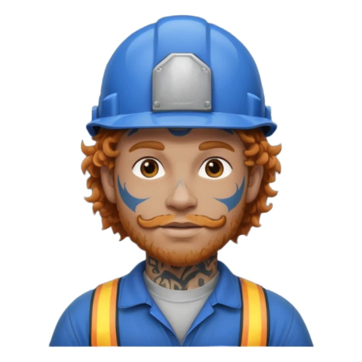 construction worker man ginger curly hair, blue helmet, very heavy dark face tattoo sticker