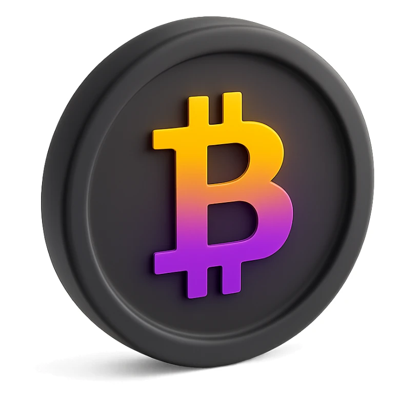 3D black style Bitcoin coin with a bold Bitcoin symbol, yellow-orange-purple-violet gradient sticker
