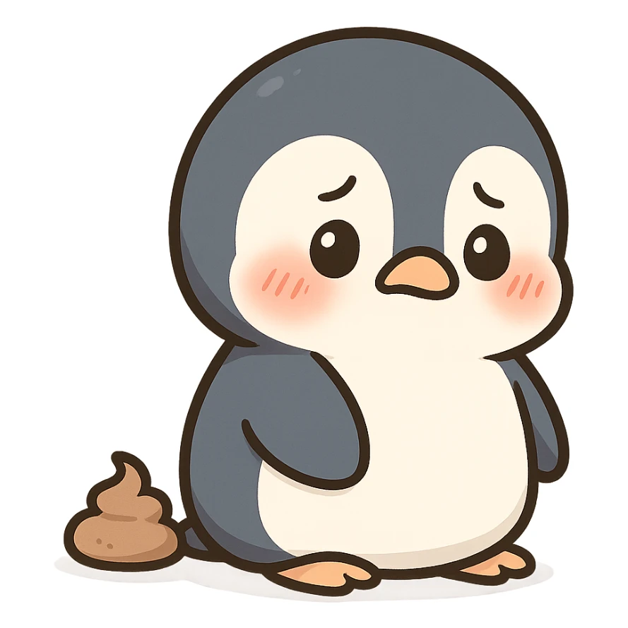a cute penguin with a little pile behind it, looking embarrassed sticker