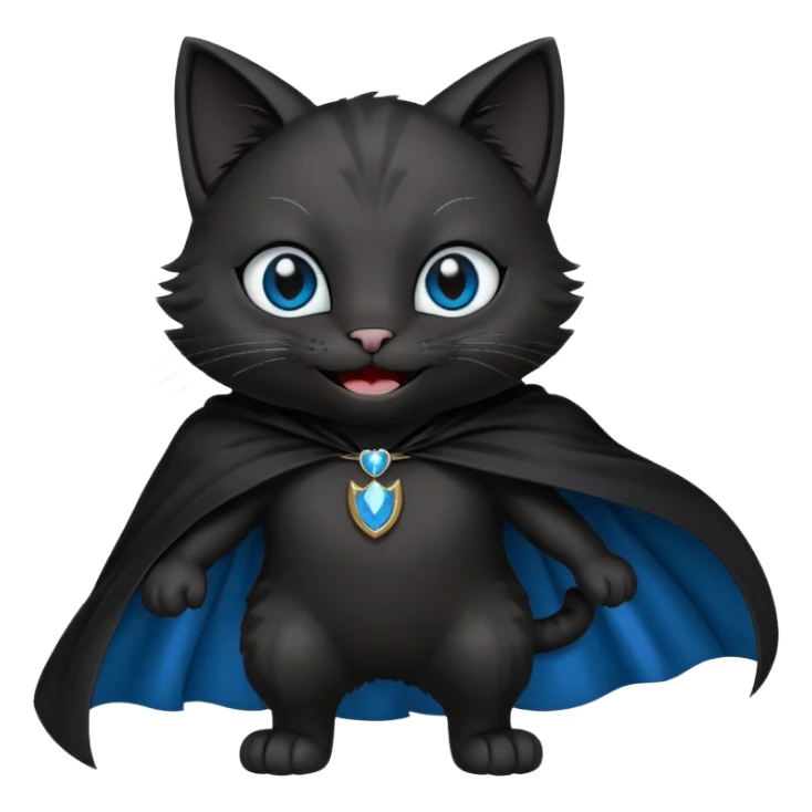 an all black anthropomorphic cat with blue eyes wears an all black cape and is smiling a mischievous sharp tooth grin sticker