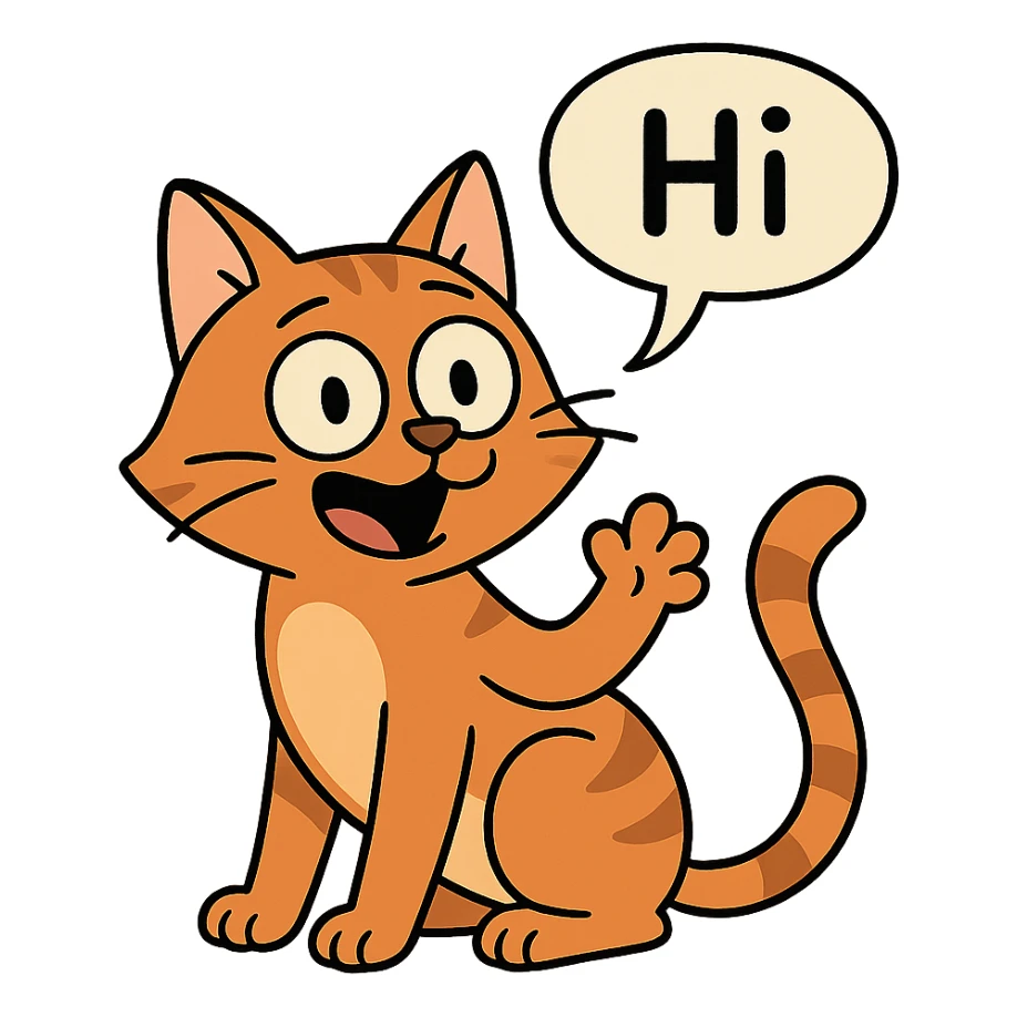 a cat with a speech bubble saying hi, playful, cartoon style sticker