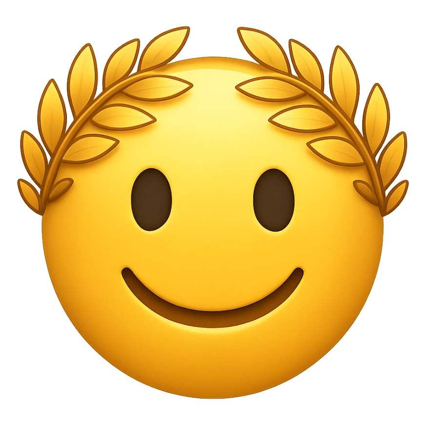 yellow face with golden laurel crown, digital illustration, emoji style sticker