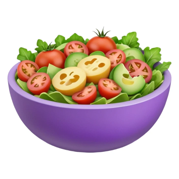 Modern premium 3D emoji icon: salad bowl (🥗), smooth rounded shapes, matte + subtle gloss, top-left studio light, soft shadow. Purple bowl with lavender rim; ingredients in natural colors, all sliced/chopped (no whole tomatoes). Centered, transparent background, no text sticker