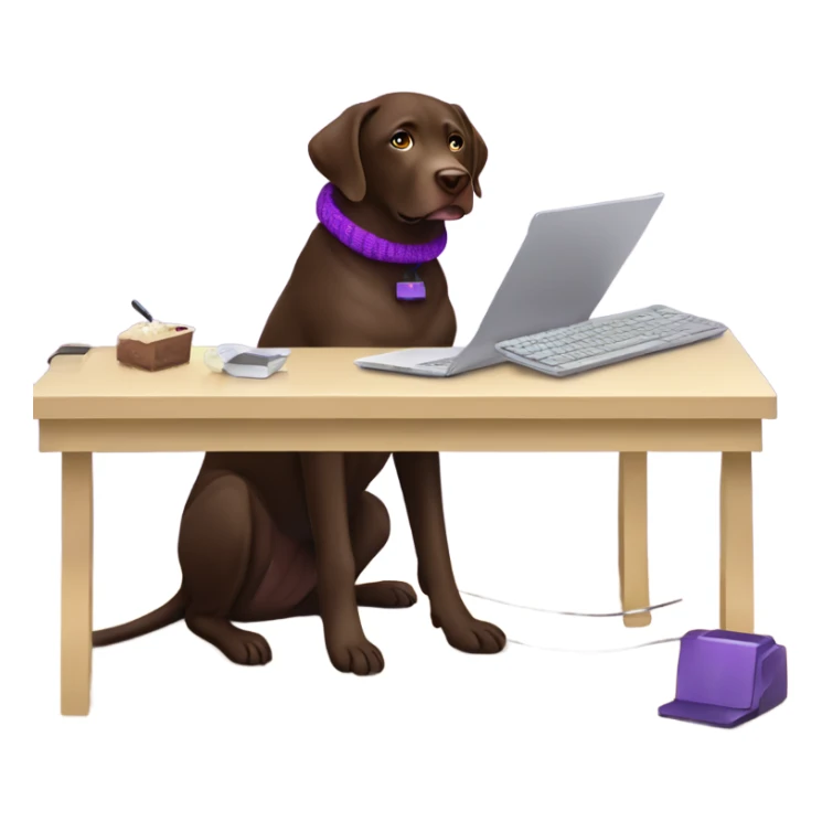 Chocolate lab working on computer with small headset , food on desk, wearing purple sweater  sticker