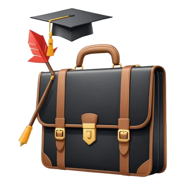 A flat-style illustration of a briefcase, a rising arrow, and a graduation cap, arranged together to symbolize professional growth. Clean, minimal, cartoon style, white background, iOS emoji aesthetic. sticker