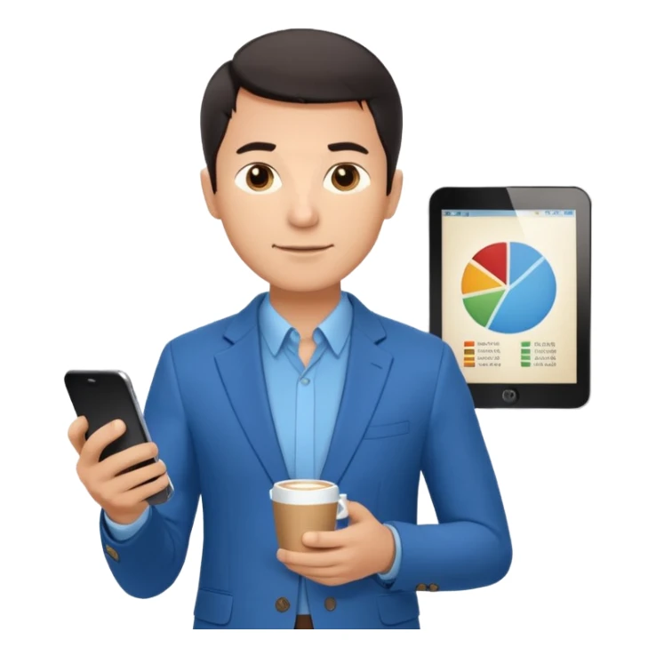 Confident male entrepreneur, short dark hair, slight smile, blue blazer over light blue shirt, holding a smartphone with a chart in one hand and a coffee cup in the other, front-facing, half-body sticker