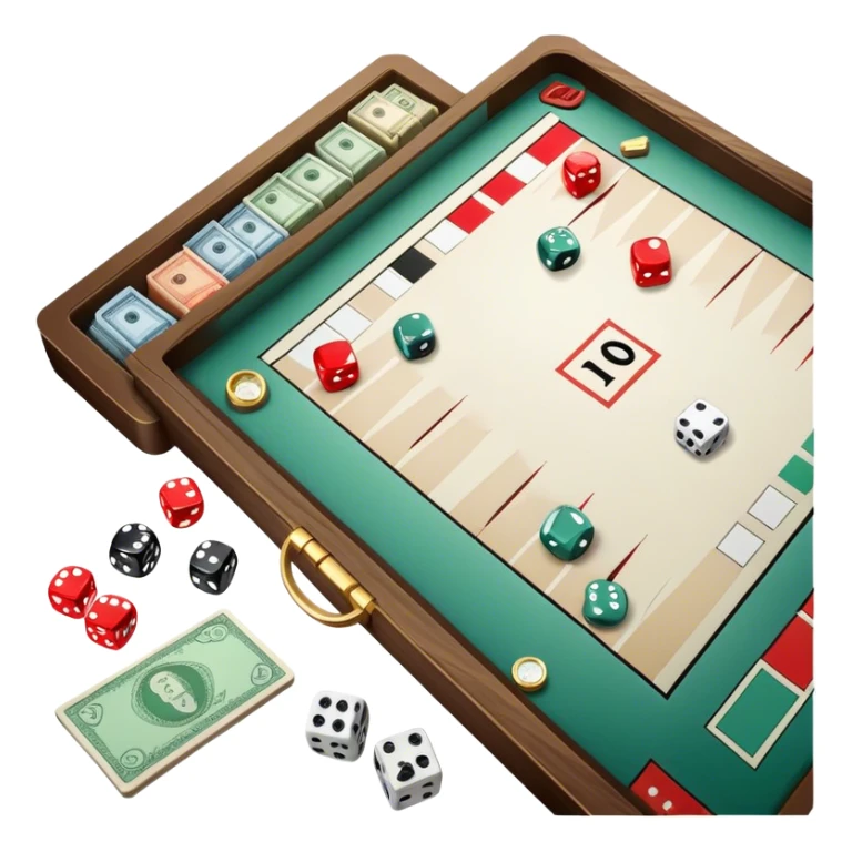 A photorealistic icon featuring a backgammon board with dice, a Monopoly board with money and property cards and a Game of Life spinner. The design captures the detailed textures of the boards, pieces, and accessories. Transparent background. sticker