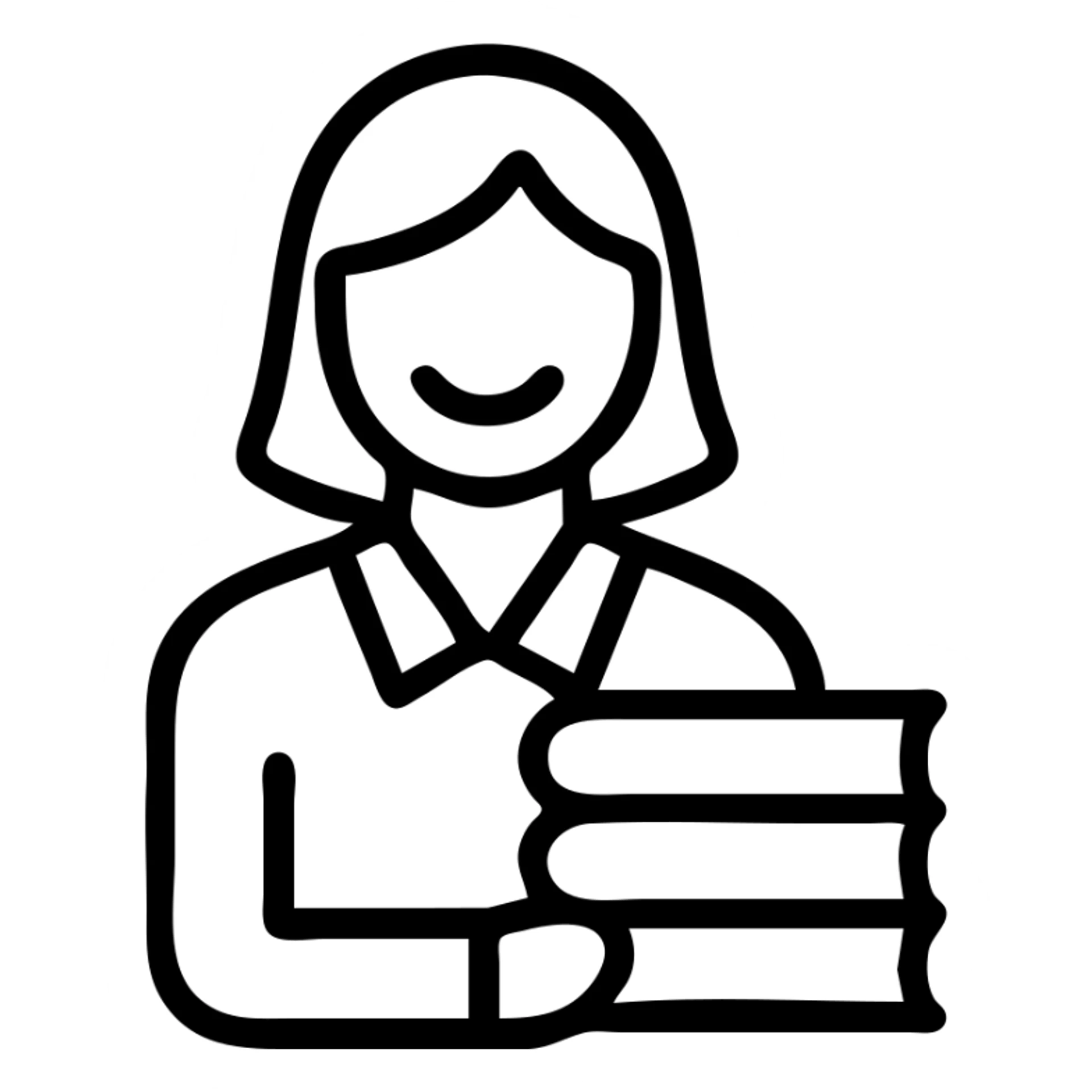 teacher with brown hair holding books, modern flat icon style, minimal details sticker