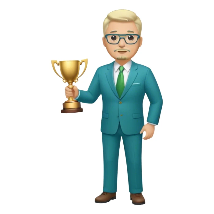 Full Body white middle aged male plus size wearing glasses with a goatee with light blonde and gray very short hair basketball head Coach in blue and green suit holding trophy sticker