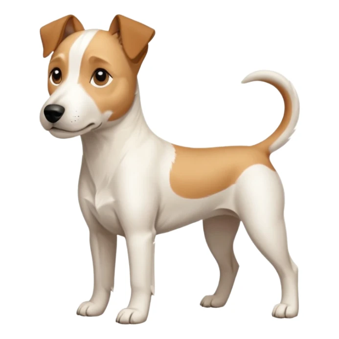a full body facing front on of a buff white parson russell terrier looking dog the size of a kelpie with light brown long ears resting on its face and a light brown patch on one eye and a large snout. the rest of the dog is completely white.  sticker