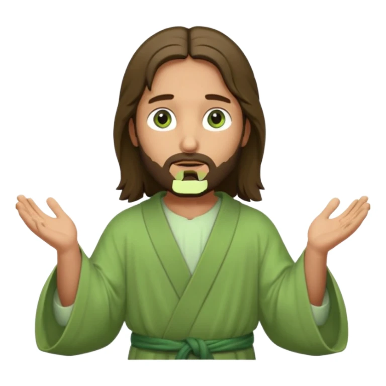 Jesus, green eyes, light green robe. opening arms, gazing thoughtfully. Soft light, subtle fern. Waist-up, profile. sticker