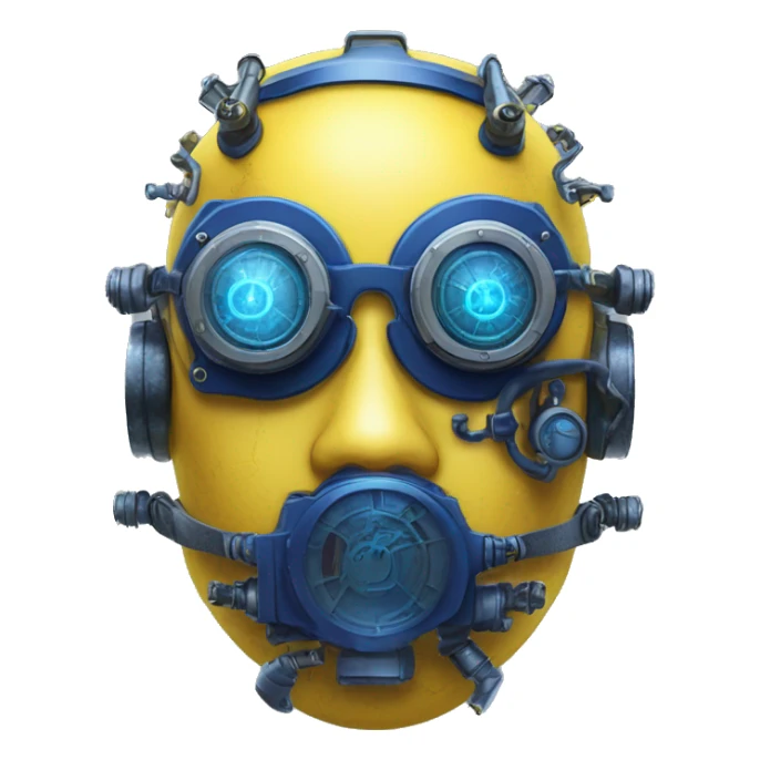 Yellow cyborg head with dark blue steampunk goggles and circuitry sticker