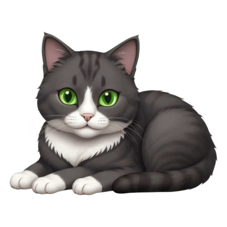 beautiful female solid dark grey cat with green eyes, white toes/paws and white patch on her chest lying down sticker