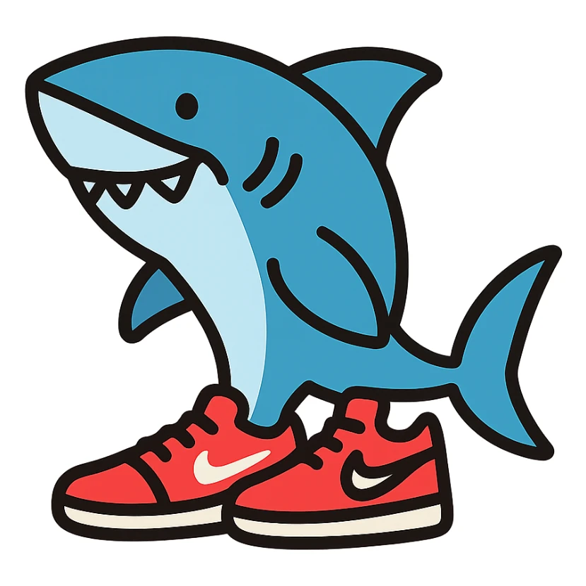 shark wearing red Nike shoes, clean icon style sticker