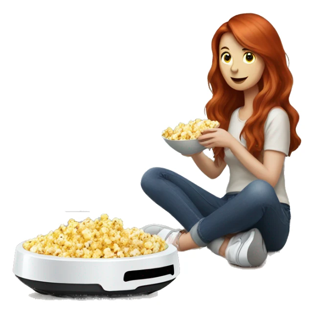 A redhead lady with long hair eating popcorn sitting down watching a robot vacuum  sticker