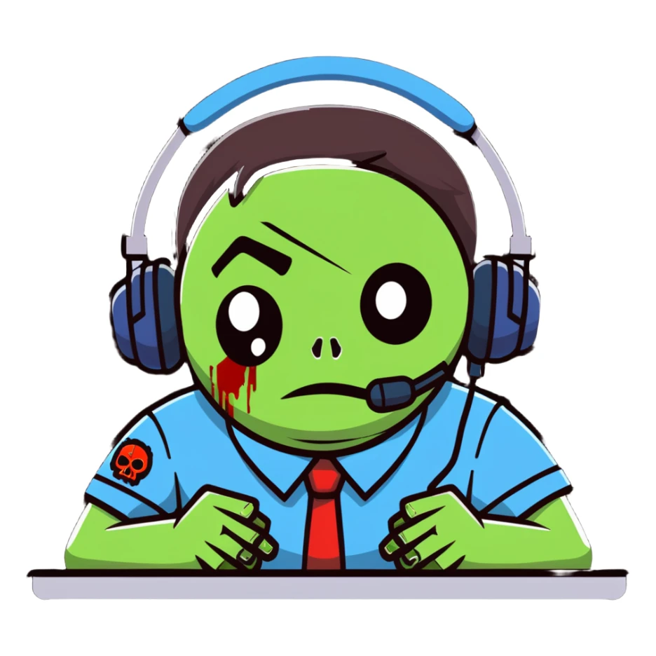zombie call center employee with headphones, torn uniform, and dead eyes sticker