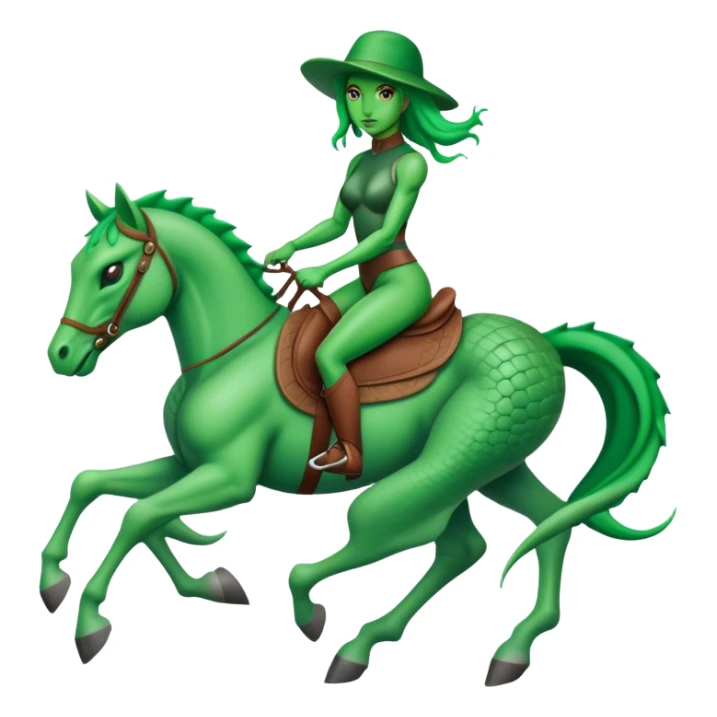 reptilian alien green woman, rides horse sticker