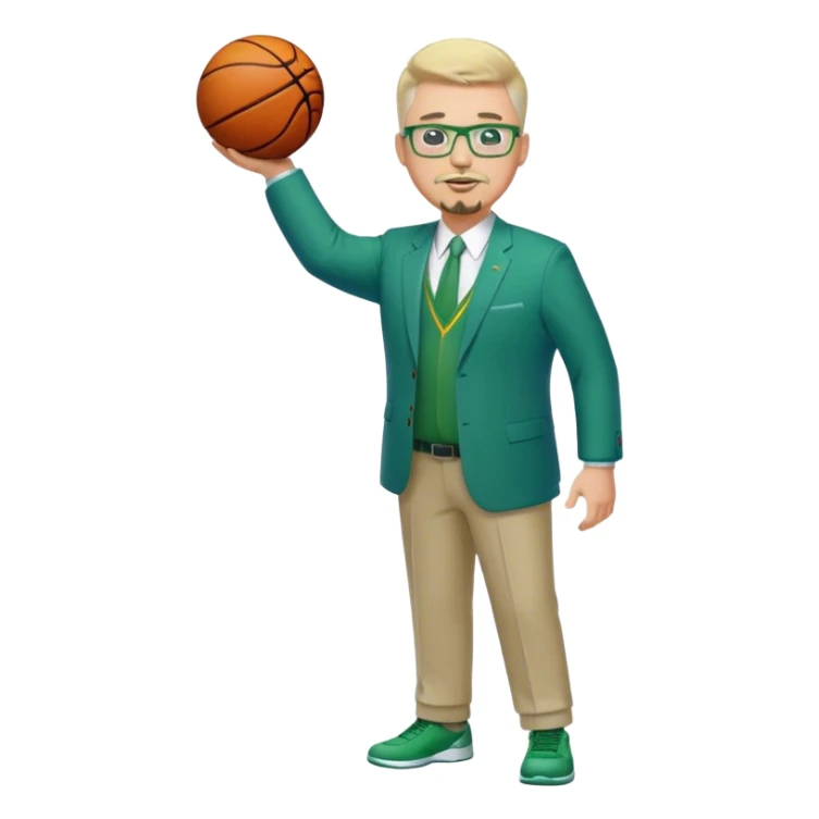 Full Body white male plus size wearing glasses with a goatee with light blonde and gray very short hair happy basketball head Coach in blue and green suit sticker