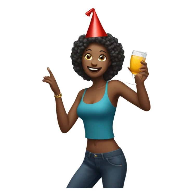 Woman dancing with drink in her hand wearing party hat sticker