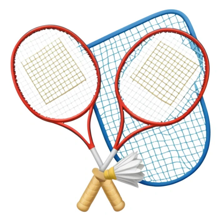 Two crossed badminton rackets with a shuttlecock resting in between, set against the faint outline of a badminton court. The image highlights the tools of the sport, with a subtle emphasis on the court's net and boundaries, symbolizing competition and skill. sticker
