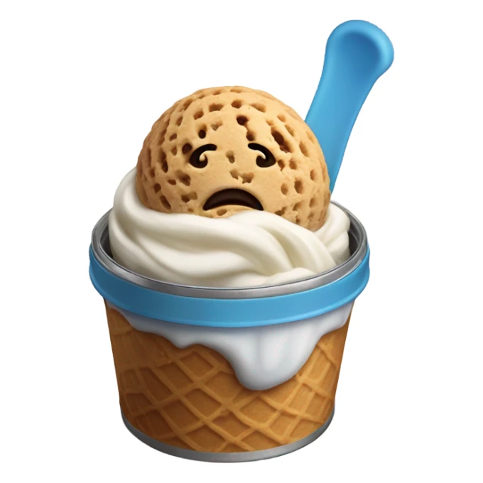 Two scoops of ice cream on a cookie in a small tin sticker