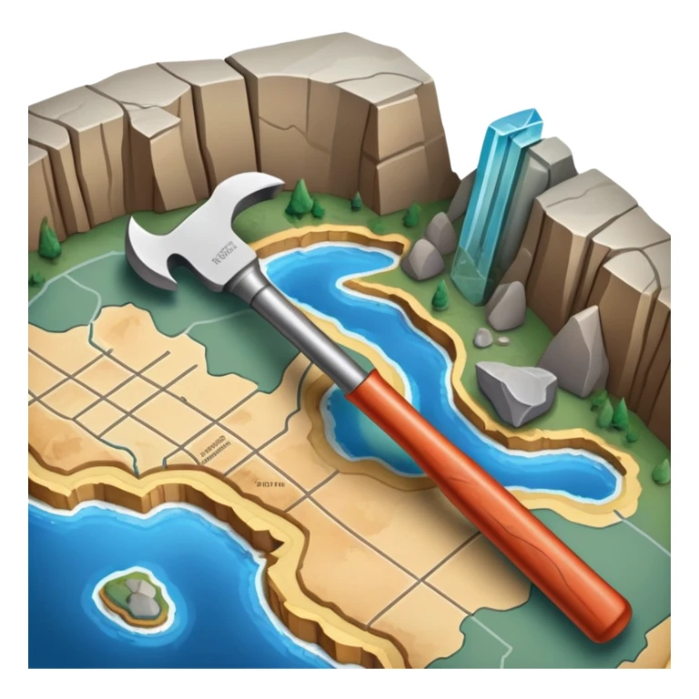 An icon featuring a crowbar and chisel, a geological map, and layers of Earth’s crust, symbolizing geology. The design includes mineral samples, fossils, and tectonic plates, representing the study of Earth’s structure and natural processes. Transparent background highlights geological exploration sticker