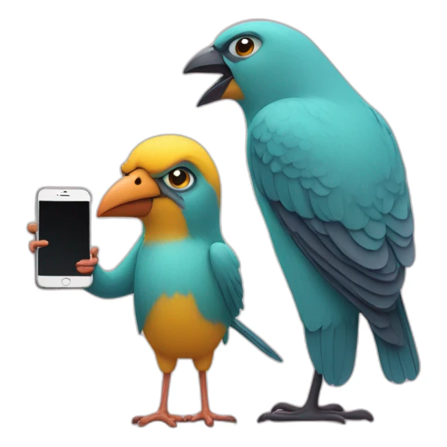 A bird with a phone in hand and with his mom scolding her sticker