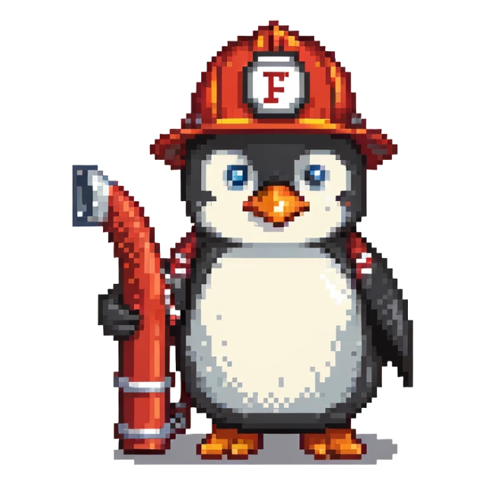 penguin firefighter with helmet and fire hose sticker