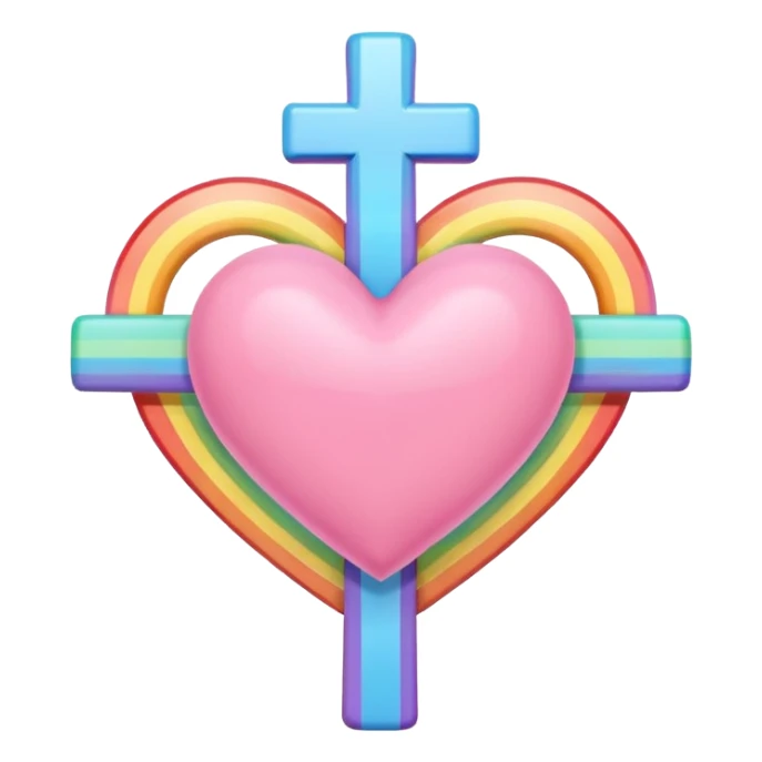 Heart infront of cross, pastel pink and rainbow sticker