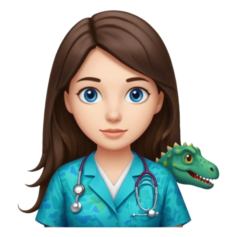 pretty brunette nurse with long hair and blue eyes in dinosaur pattern scrubs sticker