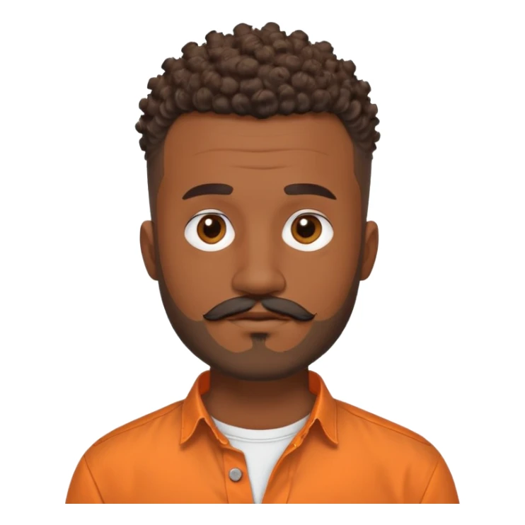 
"Brown adult man (around 24), curly mohawk with shaved sides, beard and mustache. Wearing an orange collarless round-neck button-up shirt. No teenage or old features."

 sticker