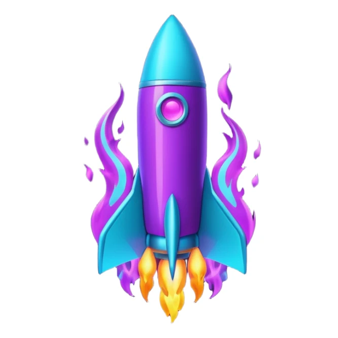 futuristic minimalistic glowing rocket icon, neon purple and cyan flame, dark sci-fi background, 1:1 aspect ratio, no face sticker