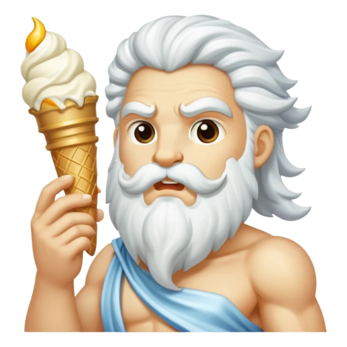 Zeus eating white ice cream and holding a thunderbolt sticker