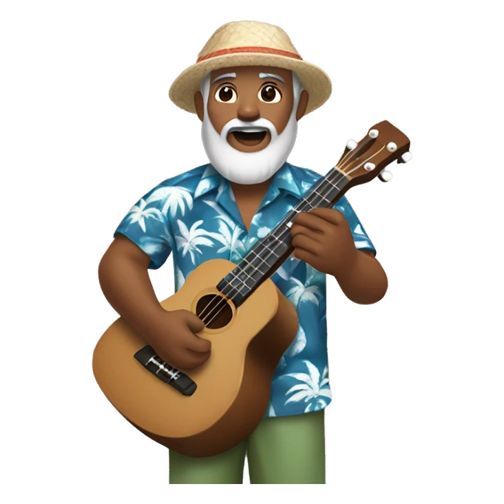 dark-skinned native hawaiian man h playing ukulele age 57 with hawaiian shirt shorts beard with cap and hair with a little gray hair and a goatee beard, small asian eyes sticker