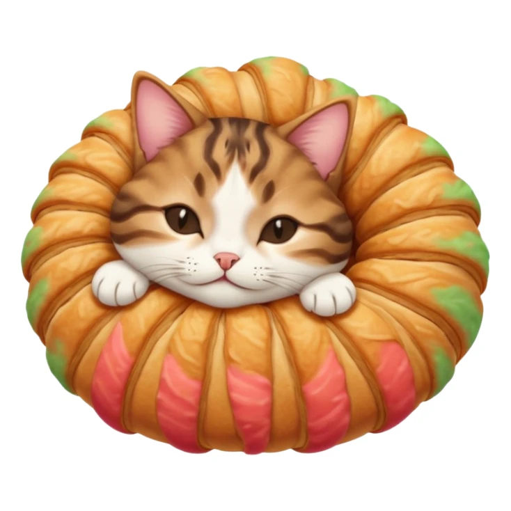 dark brown tabby and white cat in croissant position upside down with eyes closed sticker