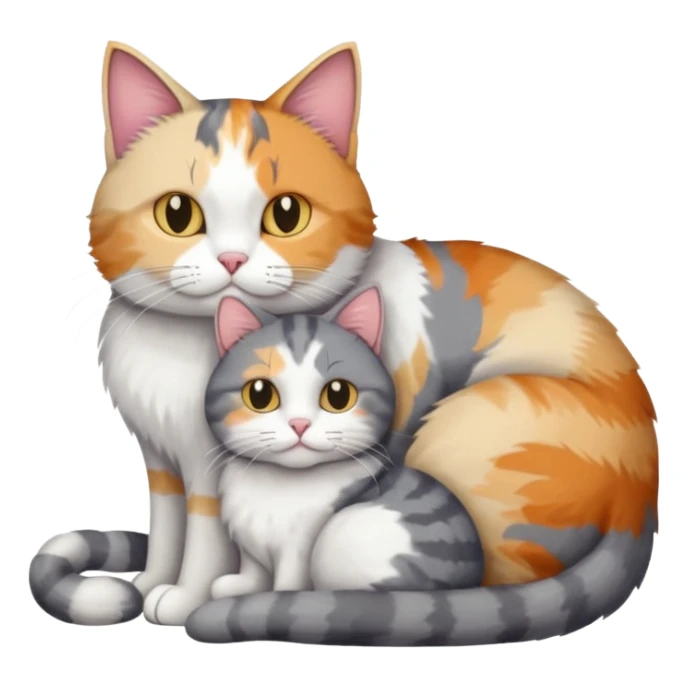 full body colourful light patched calico + white tabby cat cuddling a large grey and white cat  sticker