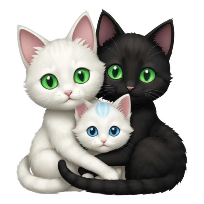 Black cat with green eyes cuddling next to small white kitten with blue eyes  sticker