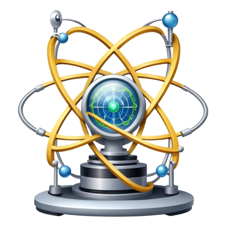 An icon featuring a large particle collider, atom symbols, and energy waves, symbolizing the field of physics. The design includes a lab setup with scientific equipment, representing experiments and fundamental forces of nature. Transparent background highlights the exploration of matter and energy. sticker