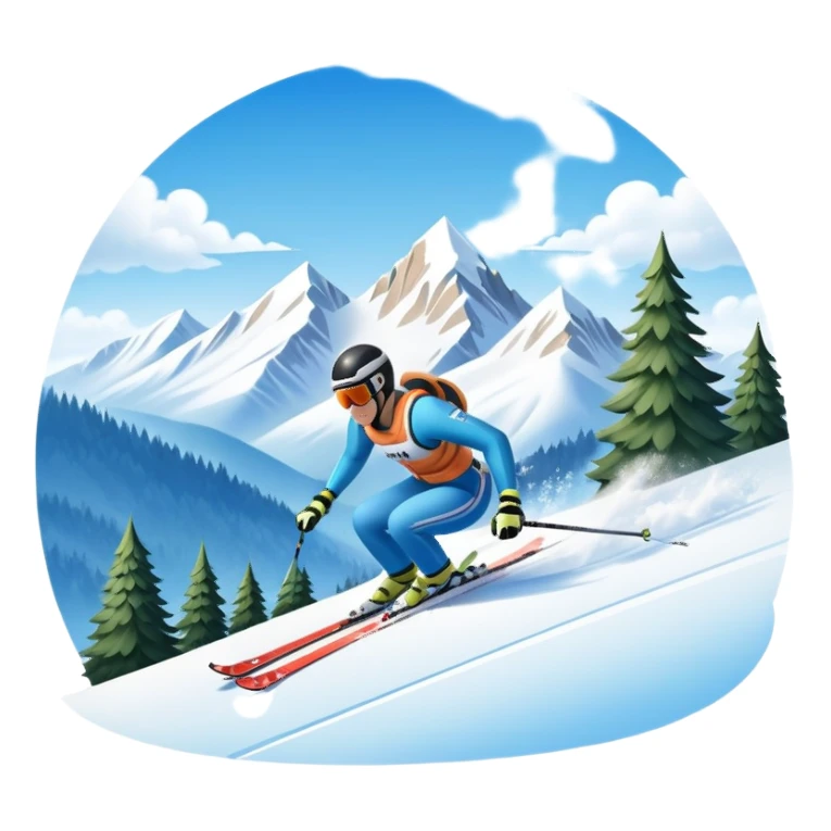 An icon featuring snowy peaks, pine trees, and a picturesque mountain landscape with a skier racing down a snow-covered slope, The sky is blue with soft clouds, capturing the thrill and beauty of alpine skiing. Transparent background highlights the excitement and serenity of winter sports. sticker